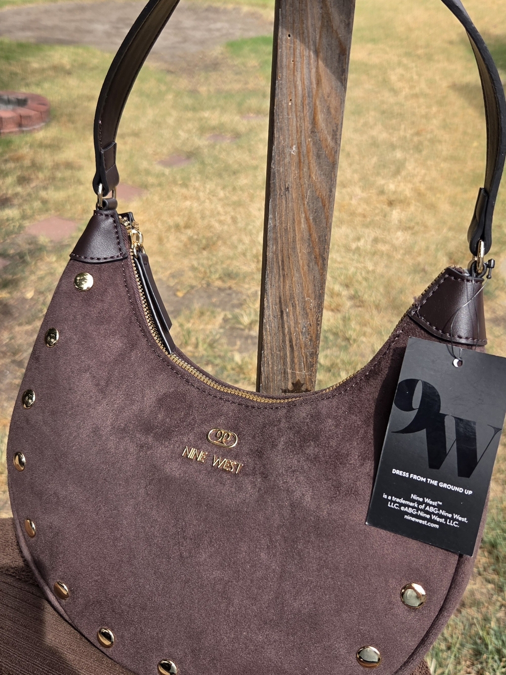 Nine West Chocolate Brown Suede Shoulder Hobo with Gold Accents